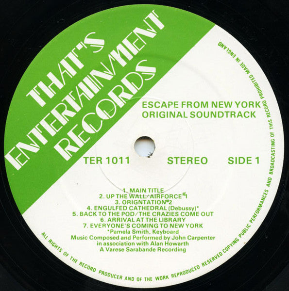 Image of Label Cover of LP - VG+/VG - JOHN CARPENTER AND ALAN HOWARTH, John Carpenter's Escape From New York (That's Entertainment Records; TER 1011, UK 1981, Damont Pressing), Strong VG, - 2826211E