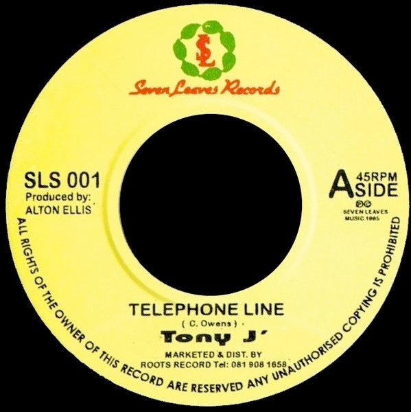 Image of Front Cover of 3914324C: 7" - TONY J, Telephone Line (Seven Leaves Records; SLS 001, UK 1995 Reissue) Record has pressing flaws /G+