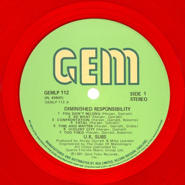 Image of Label Cover of LP - VG/VG - U.K. SUBS, Diminished Responsibility (Gem; GEMLP112, UK 1981, Inner, Red Vinyl), Strong VG, Water Damage To Sleeve, - 3426072E