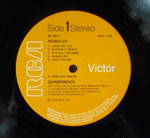 Image of Label Cover of LP - VG/VG - QUINTESSENCE, Indweller (RCA; SF8317, UK 1972), Edge and Ring Wear, - 1526200E