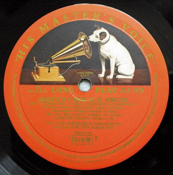 Image of Label Cover of 4024001E: LP - GINETTE NEVEU, Sibelius: Violin Concerto, Suk: Four Pieces (HMV Red and Gold, Semi-Circular Nipper Box; ALP 1479, UK 1957, Laminated Straight Flipback Sleeve) Strong VG, Light Marks, Minor Ring and Edge Wear VG/VG