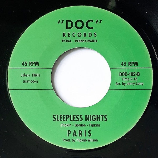 Image of Back Cover of 4014335C: 7" - PARIS / SANDY WYNNS, Sleepless Nights / A Touch Of Venus (Doc Records; DOC-102, Canada 2019) Light marks only. /VG