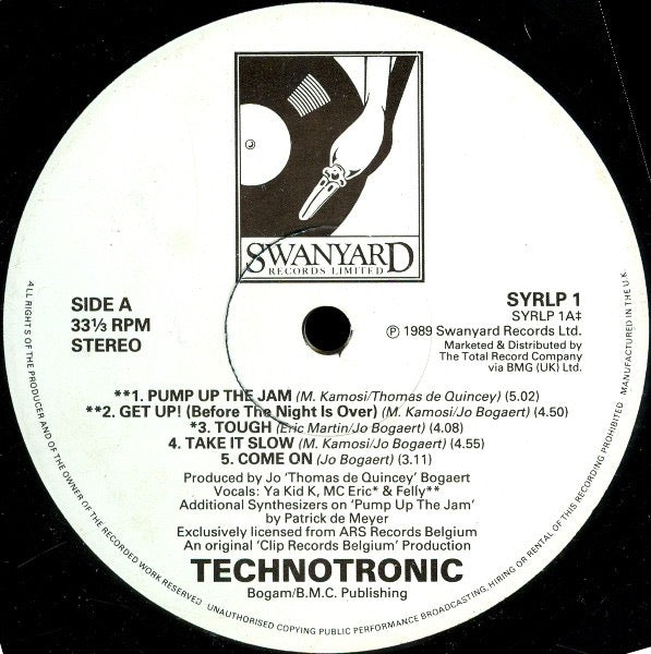 Image of Label Cover of LP - VG/G+ - TECHNOTRONIC, Pump Up The Jam (Swanyard Records Ltd; SYRLP 1, UK 1989), Lots of light hairlines. Corner and edge damage., - 3816024C