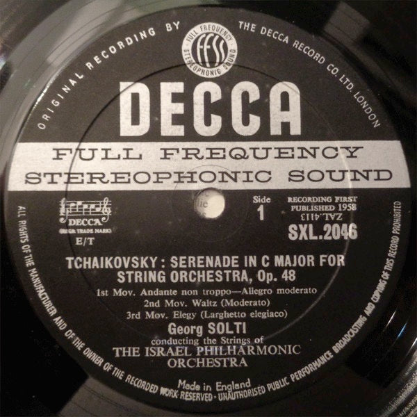 Image of Label Cover of LP - VG/VG+ - GEORG SOLTI, ISRAEL PHILHARMONIC ORCHESTRA, Mozart: Eine Kleine Nachtmusik / Tchaikovsky: Serenade For Strings (Decca Black Unboxed Wideband - Original Recording at 11 O'Clock - Grooved ED1; SXL 2046, South Africa 1959, Front Laminated Straight Flipback Sleeve, No Blue Bars on Rear Sleeve), Minor Tear in Front Sleeve Opening, - 4124161E