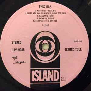 Image of Label Cover of 4244110S: LP - JETHRO TULL, This Was (Island textured Pink block-i; CHR 1041, UK 1969 Reissue, Laminated wide spine Gatefold, Misprint on side one label. Track A4 listed as 'Move On Along' instead of 'Move On Alone'. Inside gatefold un-laminated, overlapped glue-tab at top) Hairlines, corner wear, minor creasing VG/VG