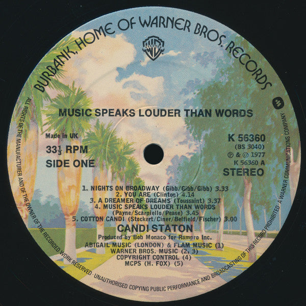 Image of Label Cover of LP - VG/VG+ - CANDI STATON, Music Speaks Louder Than Words (WB Burbank with w Logo on Rim; K 56360, UK 1977), Sleeve has light edge wear, - 2426093E