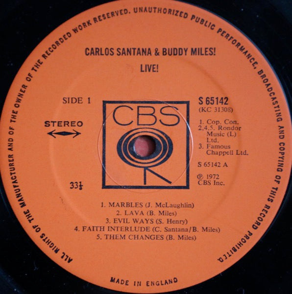 Image of Label Cover of LP - VG/VG+ - CARLOS SANTANA & BUDDY MILES, Carlos Santana & Buddy Miles! Live ! (CBS Orange, Single Inner Pressing Ring; 65142, UK 1972, Gatefold, Company Inner & Insert), , - 2316103C