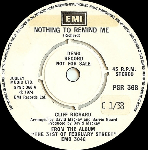 Image of Front Cover of 7" - VG/VG - CLIFF RICHARD, Nothing To Remind Me (EMI; PSR 368, UK 1974, Promo Only, Company Sleeve), Sleeve stained, writing and sticker mark on B side label., - 1616438C