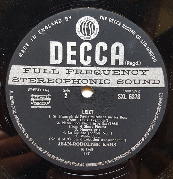 Image of Label Cover of 4424152E: LP - JEAN RODOLPHE KARS, Jean-Rodolphe Kars Plays Messiaen And Liszt (Decca; SXL 6378, UK 1969, Laminated Front Sleeve) VG/VG