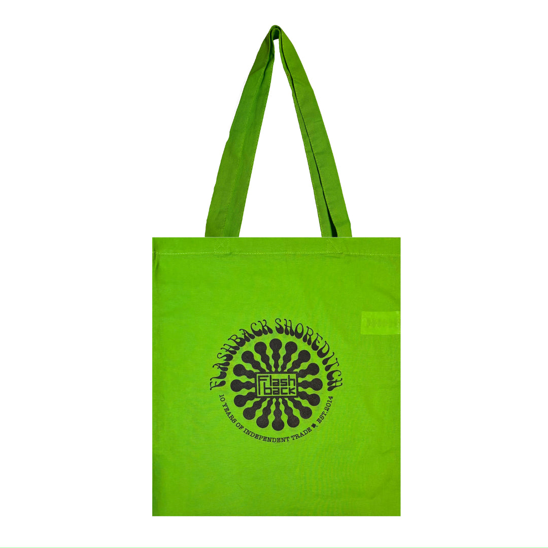 Image of Front Cover of 4434047E: Accessories - FLASHBACK TOTE BAG, Shoreditch 10th Anniversary Bag (, UK 2024, Limited Edition, Lime Green, Black Logo, Cotton) NEW/NEW