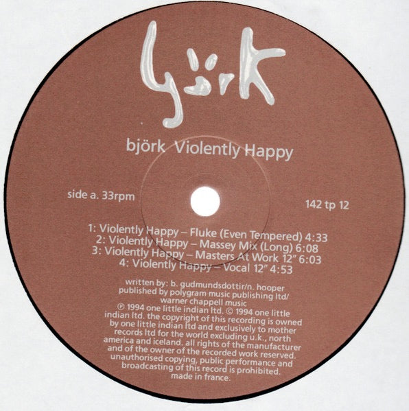 Image of Label Cover of 12" - VG+/VG+ - BJORK, Violently Happy (One Little Indian; 142 tp 12, UK 1994, Picture Sleeve), , - 3316092C