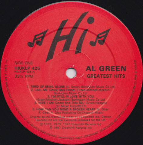Image of Label Cover of LP - VG/VG - AL GREEN, Greatest Hits (Hi; HIUKLP 425, UK 1987 Reissue, Glossy Sleeve), Stickers Stuck to Sleeve, - 2826181E