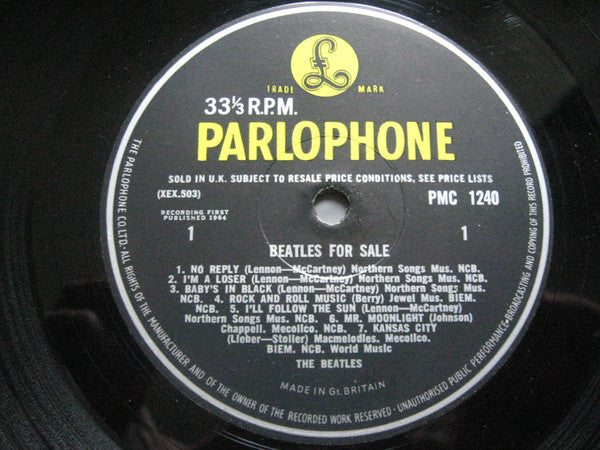 Image of Label Cover of LP - VG/G+ - THE BEATLES, Beatles For Sale (Parlophone Black/Yellow; PMC 1240, UK 1964, Laminated Gatefold Sleeve, No full stop after NCB in credits for B5, KT Tax Code, 'Unipak'-style sleeve with flipbacks inside), Quite a few very fine hairlines, Nothing feelable, Good gloss to disc, Clean sleeve, closer to VG+, Just a light fading to laminate and a spine pinch, - 2816340C
