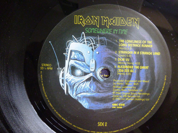 Image of Label Cover of LP - VG/G - IRON MAIDEN, Somewhere In Time (EMI; EMC 3512, UK 1986 Reissue, Inner), Many light hairlines. Edgewear, sleeve crease., - 2326253E