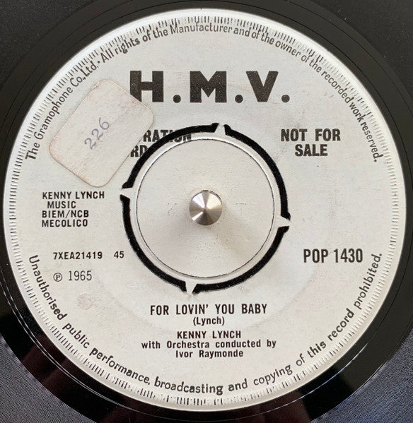 Image of Back Cover of 7" - VG/VG+ - KENNY LYNCH, I'll Stay By You / For Lovin' You Baby (HMV; POP 1430, UK 1965, A Label Demo, Company Sleeve), Sleeve Creased And Written On, - 4624071E