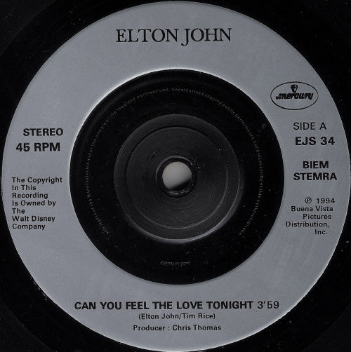 Image of Label Cover of 7" - VG+/VG+ - ELTON JOHN, Can You Feel The Love Tonight (Mercury; EJS 34, UK 1994, Picture Sleeve), , - 4316471C