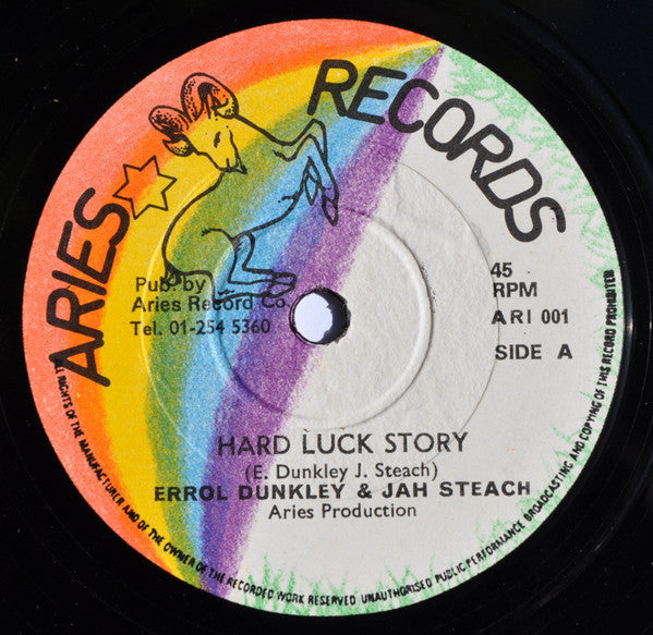 Image of Front Cover of 12" - /G - ERROL DUNKLEY & JAH STITCH, Hard Luck Story / To Hell And Forward (Aries Records ; ARI 001, UK 1976, Reggae Disco 45 Sleeve), Side A is covered in deep scratches, virtually unplayable. Side B shows a lot of light marks, plays through great, minimal crackle only. Clean labels., - 1916407C
