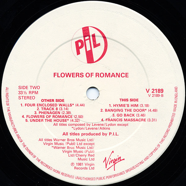 Image of Label Cover of LP - VG/VG - PUBLIC IMAGE LTD., The Flowers Of Romance (Virgin; V 2189, UK 1981, No Insert), Hairlines, edge and ring wear, - 2946066S