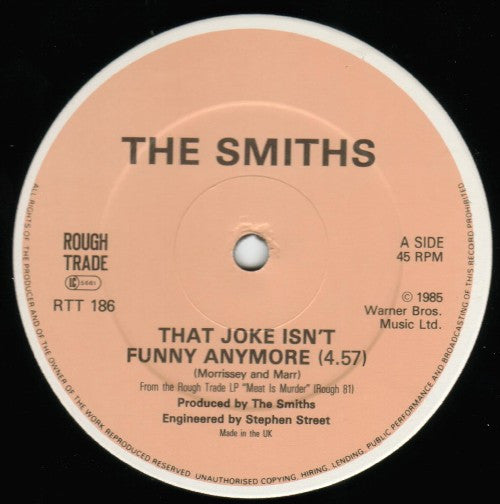 Image of Label Cover of 12" - VG/VG+ - THE SMITHS, That Joke Isn't Funny Anymore (Rough Trade; RTT 186, UK 1985, Flesh-Coloured Inner, EMI Pressing), Some moisture damage to inner. , - 3446236S