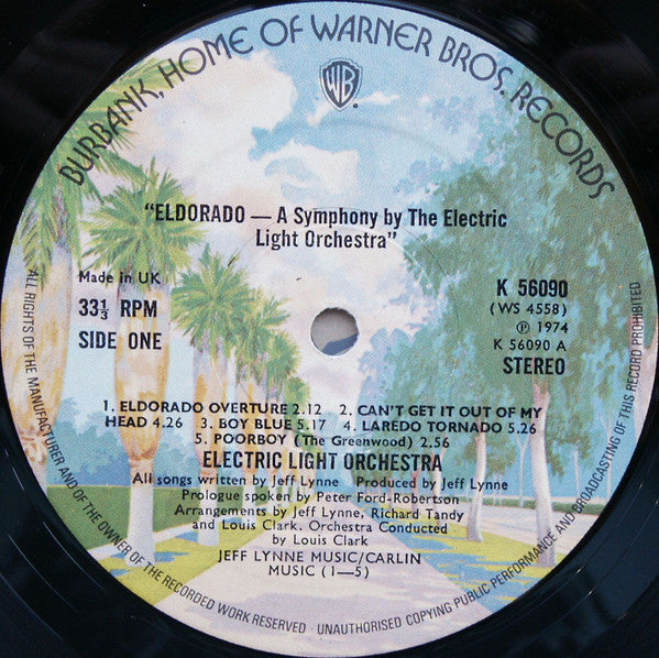 Image of Label Cover of LP - VG+/VG+ - ELO - THE ELECTRIC LIGHT ORCHESTRA, Eldorado - A Symphony By The Electric Light Orchestra (WB Burbank without w Logo on Rim; K56090, UK 1974, Inner, First UK pressing), , - 3226331E