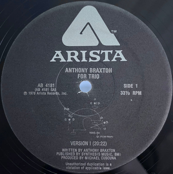 Image of Label Cover of LP - VG/VG - ANTHONY BRAXTON, For Trio (Arista ; AB 4181, US 1978, Insert, Incl fold-out booklet.), Strong VG to disc - light storage marks. , - 2416020C