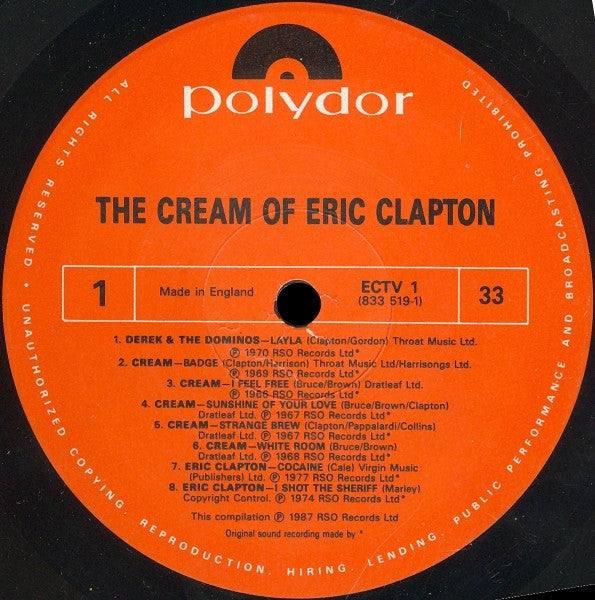 Image of Label Cover of 4915490C: LP - ERIC CLAPTON, The Cream Of Eric Clapton (Polydor; ECTV 1, UK 1987, Gatefold, Black Inner, All Rights Text Written Anti-Clockwise) VG+/VG