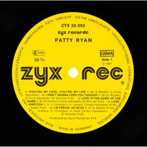 Image of Label Cover of LP - VG/VG - PATTY RYAN, Love Is The Name Of The Game (ZYX Records; ZYX 20.092, Germany 1987), Almost VG+, a couple of hairlines, top and bottom edge 1" seam splits, - 4844016S