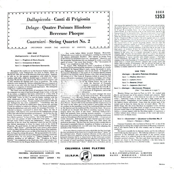 Image of Back Cover of LP - VG/VG+ - ANDRE CLUYTENS, MARTHA ANGELICI, QUATUOR PASCAL, Dallapiccola: Canti Di Prigiona, Delage: Quatre Po mes Hindous, Berceuse Phoque, Guarnieri: String Quartet No. 2 (Columbia; 33CX 1353, UK ), Edge Wear, Small Sticker Tear, - 4724370E