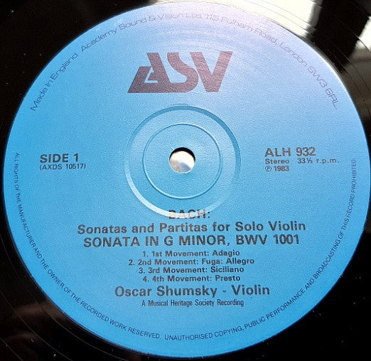 Image of Label Cover of 3xLP - VG/VG+ - OSCAR SHUMSKY, Bach: The Complete Sonatas And Partitas For Solo Violin (ASV; ALHB 306, UK 1983, Box Set, Booklet), Minor Edge Wear and Minor Creasing on Front Sleeve, - 0626084E