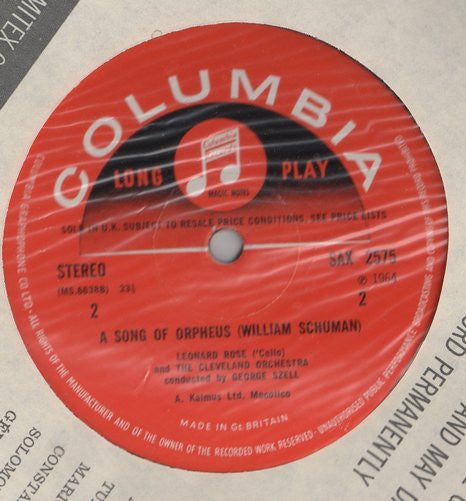Image of Label Cover of 4824088E: LP - GEORGE SZELL, THE CLEVELAND ORCHESTRA, JOHN BROWNING, LEONARD ROSE, Barber: Piano Concerto / Schuman: A Song Of Orpheus (Columbia; SAX 2575, UK 1964, Laminated Flipback Sleeve) VG/VG