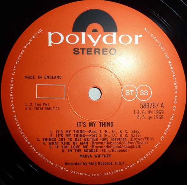 Image of Label Cover of LP - VG/VG - MARVA WHITNEY, It's My Thing (Polydor; 583 767, UK 1969, Laminated sleeve.), Light hairlines. Creases to sleeve. , - 3526212E