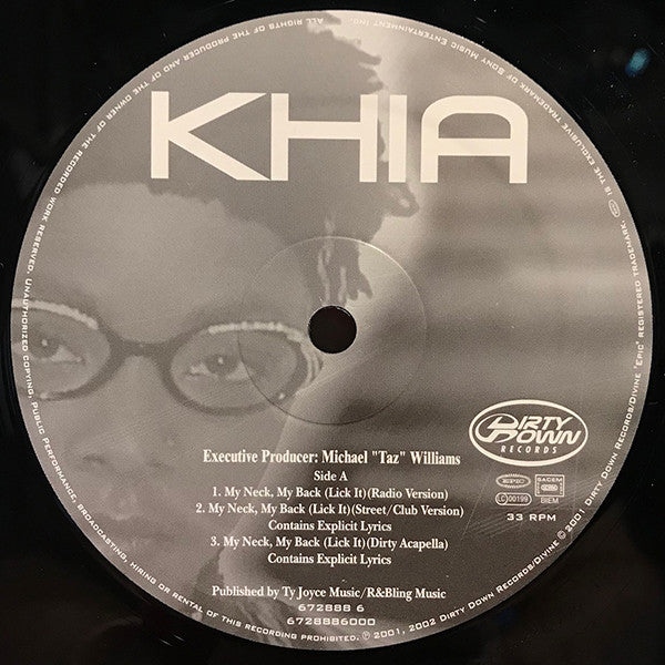 Image of Label Cover of 12" - VG/VG - KHIA, My Neck, My Back (Lick It) (Epic; EPC 672888 6, Europe 2002, Picture Sleeve), Some scuffs on sleeve, - 2616501C