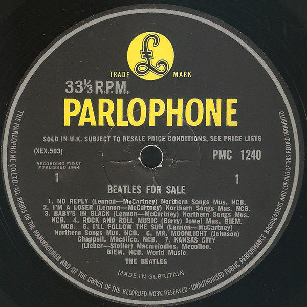 Image of Label Cover of LP - VG/VG - THE BEATLES, Beatles For Sale (Parlophone Black/Yellow; PMC 1240, UK 1964, Laminated Gatefold Sleeve. Misprint - All Printing Offset By 1cm, so White Spine Runs Down Front Cover, Outline Mono, 'Sold In UK', 'Parlophone Co', 'Recording 1st Published', KT Tax Code. B5 - NCB. Publishing on B5 and B6 (With Full Stop) ), Company Inner, Outline Mono, 'Sold In UK', 'Parlophone Co', 'Recording 1st Published', KT Tax Code. B5 - NCB. Publishing on B5 (With Full Stop) , NCB Publish