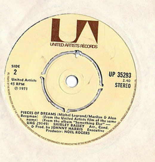 Image of Back Cover of 4914276C: 7" - SHIRLEY BASSEY, Diamonds Are Forever (United Artists Records; UP 35293, UK 1971, Company Sleeve, 4 Prong Centre) VG/VG+