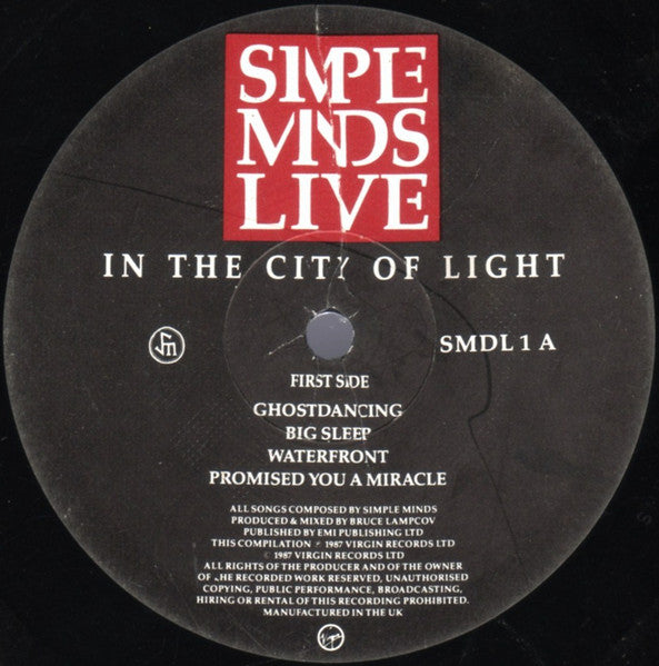 Image of Label Cover of 2xLP - VG/VG - SIMPLE MINDS, Live In The City Of Light (Virgin; SMDL 1, UK 1987, Embossed Gatefold Sleeve, Stapled-In Booklet), , - 2526234E