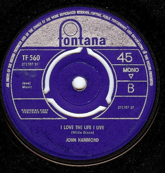 Image of Front Cover of 4914512C: 7" - JOHN HAMMOND, Baby, Won't You Tell Me (Fontana; TF 560, UK 1965, Company Sleeve, Mono) Strong G+, Light marks only, Nice company sleeve VG+/G+