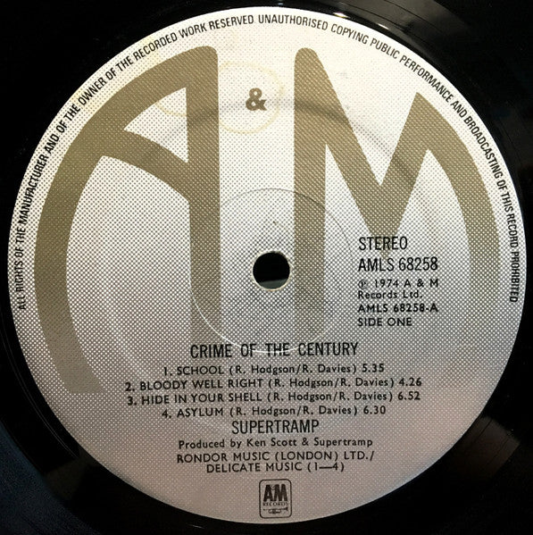 Image of Label Cover of LP - VG/VG - SUPERTRAMP, Crime of the Century (A&M; AMLS 68258, UK 1974, Varnished Sleeve, Insert, Gothic Press Sleeve), Strong VG, - 2226405E