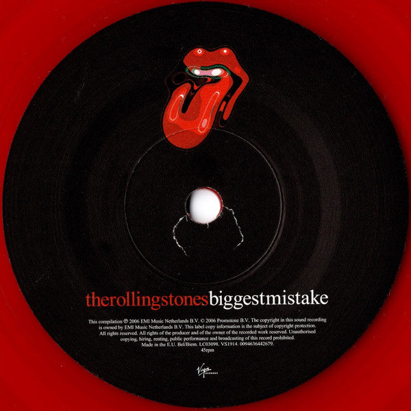 Image of Label Cover of 5054146S: 7" - THE ROLLING STONES, Biggest Mistake (Virgin; 0094636442679, Europe 2006, Picture Sleeve, Inner, Red Vinyl) Sticker Residue on Back Sleeve VG+/VG+