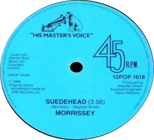 Image of Label Cover of LP - VG/VG - MORRISSEY, Suedehead (His Master's Voice; 12POP 1618, UK 1988, Black Die-cut inner, "Brown" cover), , - 3626316E