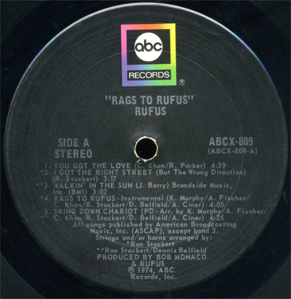 Image of Label Cover of LP - VG/VG - RUFUS FEATURING CHAKA KHAN, Rags To Rufus (ABC Records; ABCX-809, US 1974, Pasteback Sleeve, Company Inner), Light wear only!, - 3716428C