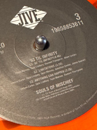 Image of Label Cover of 2xLP - NEW/NEW - SOULS OF MISCHIEF, 93 'Til Infinity (Legacy; 19658853611, Europe 2024 Reissue, Orange Vinyl), , "93 'Til Infinity" by Souls of Mischief is a classic hip-hop album, released in 1993. The album showcases the group's witty lyricism, smooth flows, and jazzy beats. The title track, "93 'Til Infinity," is a timeless anthem that epitomizes the golden age of hip-hop. The album also features tracks like "That's When Ya Lost" and "Never No More" that showcase the group's story