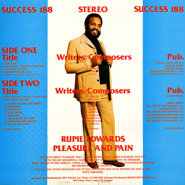 Image of Back Cover of 0115348C: LP - RUPIE EDWARDS, Pleasure And Pain (Success; 188, UK 1987) Light marks and mottling, plays above grade. VG+/VG