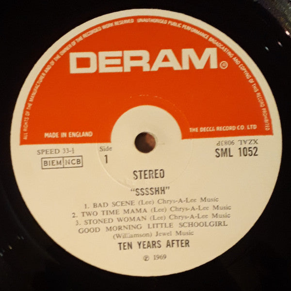 Image of Label Cover of LP - G+/VG - TEN YEARS AFTER, Ssssh. (Deram; SML 1052, UK 1972), Strong VG, Lightest of marks, Sleeve has a removed sticker that has left light residue, Otherwise VG. Labels have TV Gram Library stickers and stamp, - 0245071S