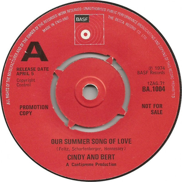 Image of Front Cover of 7" - /VG - CINDY & BERT, Our Summer Song Of Love / Spanish Guitars (BASF; BA 1004, UK 1974, Promo), , - 0255075S