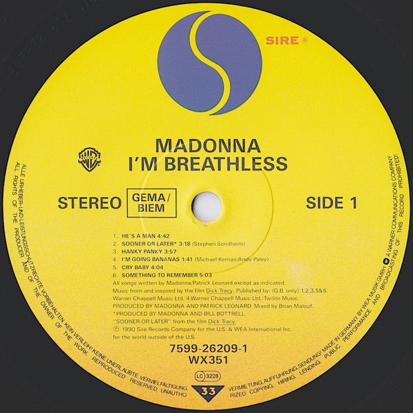 Image of Label Cover of LP - VG/VG+ - MADONNA, I'm Breathless (Music From And Inspired By The Film Dick Tracy) (Sire; 7599-26209-1, Germany 1990), , - 3526108E