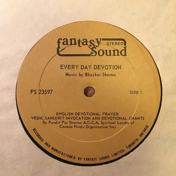 Image of Label Cover of LP - VG/VG+ - BHASKAR SHARMA, Every Day Devotion (Fantasy Sound; FS23597, Canada 1980, Pasteback Sleeve), Nice copy. Just some light edge wear to sleeve. Rare!, - 0315043C