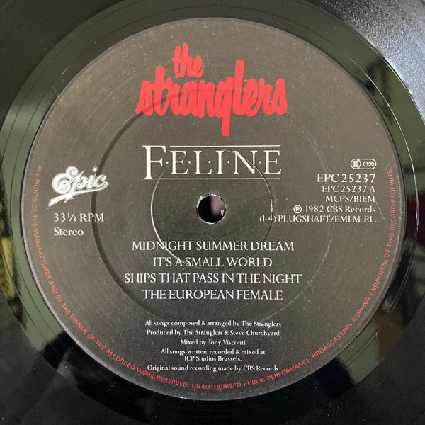 Image of Label Cover of LP - VG+/EX - THE STRANGLERS, Feline (Epic; EPC 25237, UK 1982, Embossed Sleeve), Seal opened instore, still in shrinkwrap with no hype sticker. Corner wear and creasing. , - 3926361E