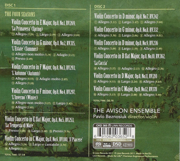 Image of Back Cover of 2xCD - VG+/VG+ - THE AVISON ENSEMBLE, ANTONIO VIVALDI, PAVLO BEZNOSIUK, Vivaldi: Il Cimento Del'armonia E Dell'inventione, Op. 8 (Including 'The Four Seasons') (Linn Records; CKD 365, Europe 2011, Double Digipak, SACD), , - 0435022E