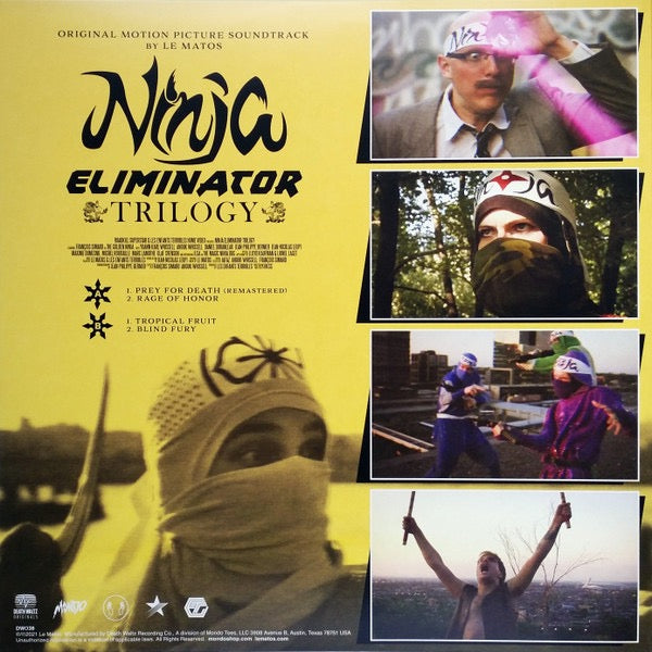 Image of Back Cover of 12" EP - NEW/NEW - LE MATOS, Ninja Eliminator Trilogy (Original Motion Picture Soundtrack) (Death Waltz Originals; DWO38, US 2021, Compilation,Limited Edition, Remastered, Blue Transparent Vinyl), , This EP collects tracks from all three NINJA ELIMINATOR shorts and have been extensively reworked, remixed and remastered for this release. - 0335287E