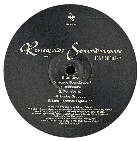Image of Label Cover of LP - VG/G+ - RENEGADE SOUNDWAVE, Howyoudoin? (Mute; STUMM 100, UK 1994, Inner), few large marks - pops on rotation. , - 3946455S